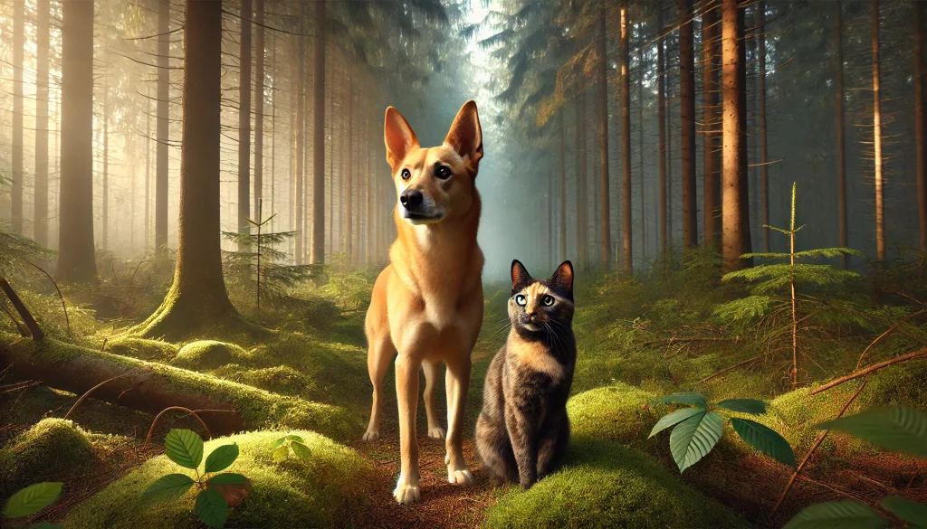 A dog and cat sitting in the forest