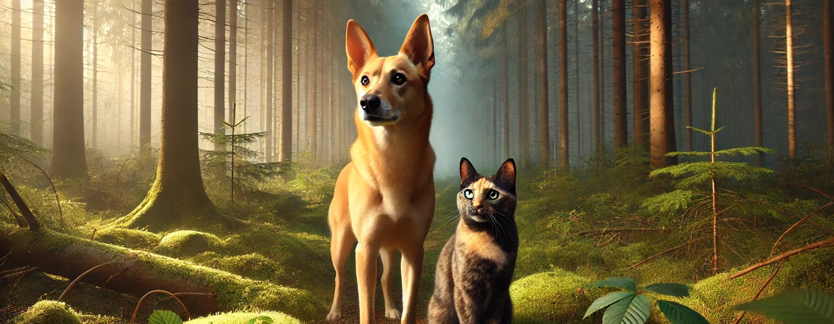 Dog and cat standing in the woods, the sun shining on one side, darkness on the other.