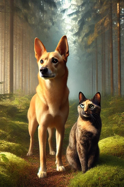Dog and cat standing in the woods, the sun shining on one side, darkness on the other.