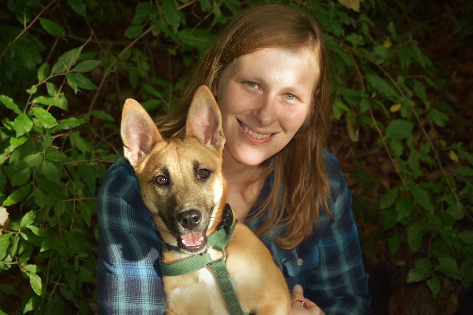 A young woman and a puppy posing for the camera in the forest with the sun shining on them.